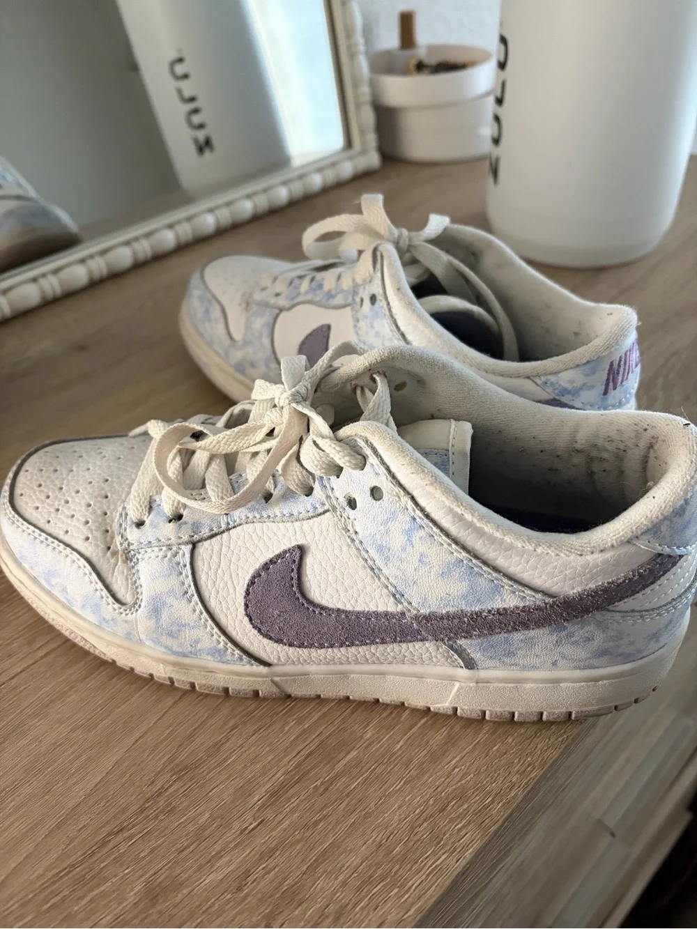 Nike Kids White Nike Dunk with Light Blue Tie-Dye and Purple Swoosh
